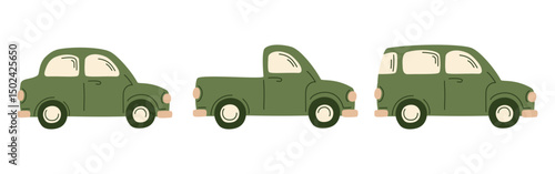 Set of three vintage green vehicles, compact car, pickup truck, minivan. Hand-drawn retro automobile cute flat vector illustration. Perfect for travel, countryside, and nostalgic designs.