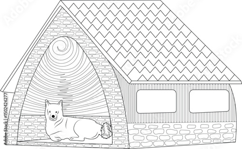 Dog in Cozy Dog House Line Art, Black and white line drawing illustration of a dog resting inside a traditional dog house. Ideal for coloring books, pet care articles, or architectural design 