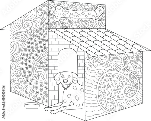 Zentangle Adult Coloring Page: Dog in Ornate Dog House, Black and white line art illustration for adult coloring books featuring a happy spotted dog sitting in a decorated dog house with intricate 