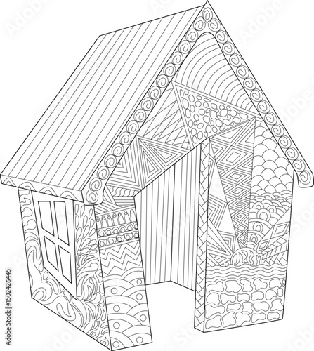Abstract Patterned Dog House Line Art, Black and white line art illustration of a stylized dog house filled with intricate abstract patterns, ideal for coloring books and creative projects. 