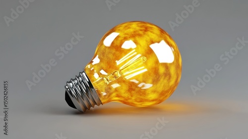 Glowing incandescent light bulb lying on gray background.
