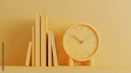 Yellow clock and books on yellow background.