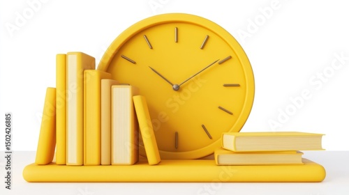 Yellow clock and books on a shelf.