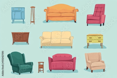 Collection of colorful cartoon furniture sofas, armchairs, cabinets, and side tables.