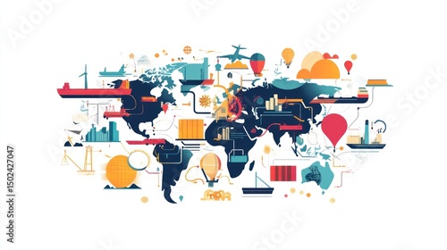Global network, transportation, logistics, and commerce illustrated on a world map.