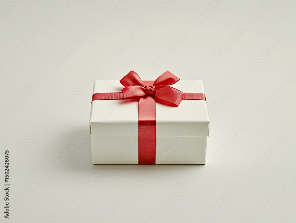 Simple white gift box with red ribbon. A square, plain white gift box sits on a plain white background, adorned with a red satin ribbon and bow Simple white gift box with red ribbon. A square, plain white gift box sits on a plain white background, adorned with a red satin ribbon and bow