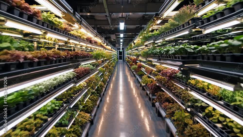 Modern indoor vertical farm with green crops, showcasing advanced vertical farming technology Modern indoor vertical farm with green crops, showcasing advanced vertical farming technology