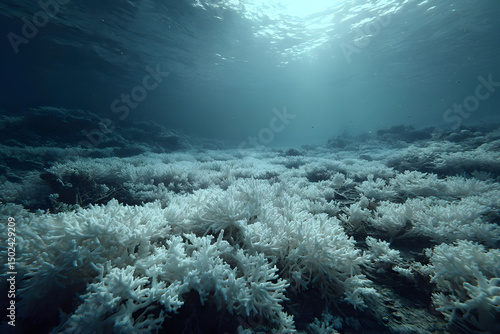 Underwater scene of a coral reef losing its color, with pale, lifeless corals and high realism, clear water, conveys damage caused by ocean warming.