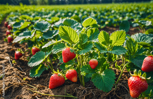 Healthy Strawberry Plants Growing in a Sunlit Field