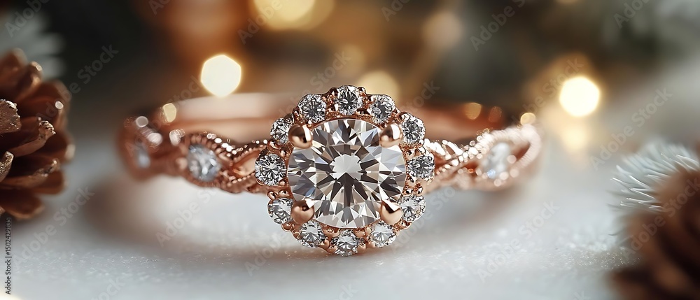 Naklejka premium Rose gold diamond ring, holiday backdrop