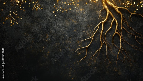 Golden roots on dark textured background