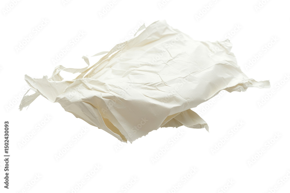 A crumpled piece of off-white paper, seemingly tissue-like, is presented against a stark black backdrop. Its texture is uneven, showing creases and folds A crumpled piece of off-white paper, seemingly tissue-like, is presented against a stark black backdrop. Its texture is uneven, showing creases and folds