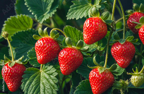 Juicy Red Strawberries Ripening Under Sunlight In Green Garden