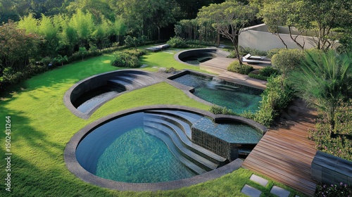Lush green lawn surrounds multiple, uniquely shaped pools.  Stone steps & wooden deck add modern elegance