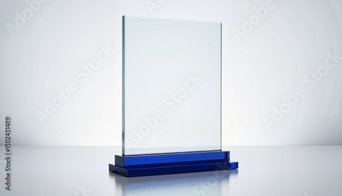 Glass award trophy on blue base with soft lighting background  