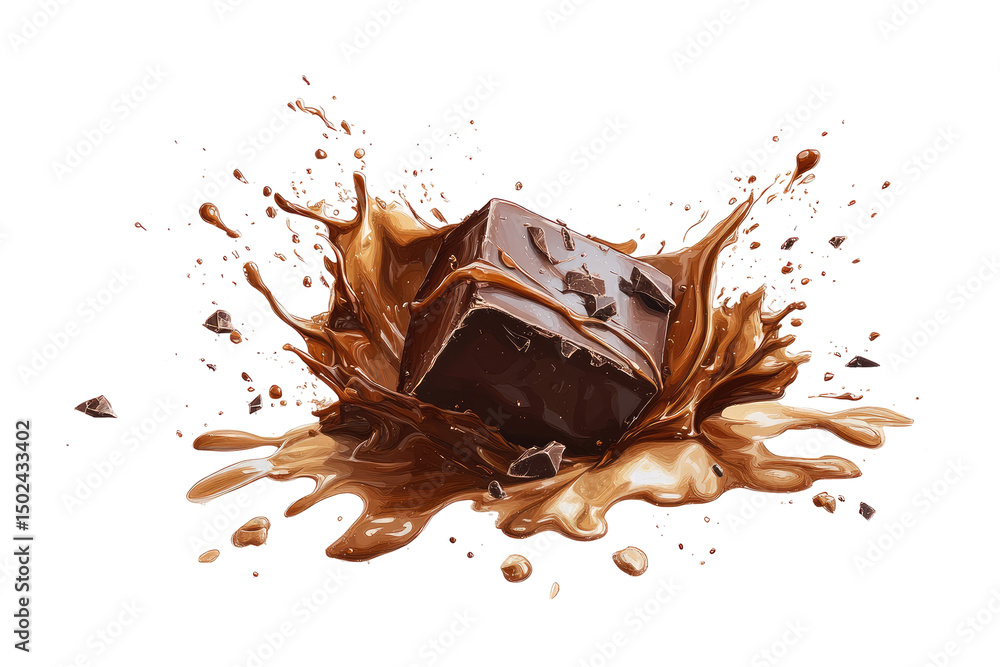 Fototapeta premium A dark chocolate cube is shown sinking into a pool of melted chocolate, creating a dramatic splash with scattered chocolate chips