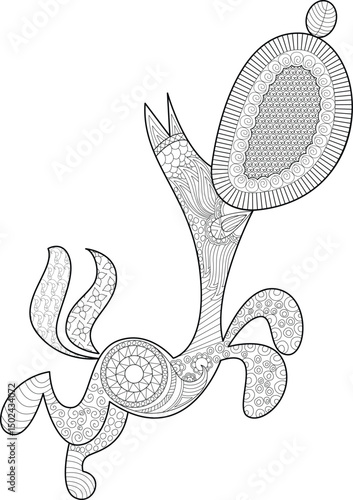 Abstract Stylized Dog Line Art Illustration, Black and white line art illustration of an abstract and stylized dog figure, filled with intricate and decorative patterns. Ideal for coloring pages, 