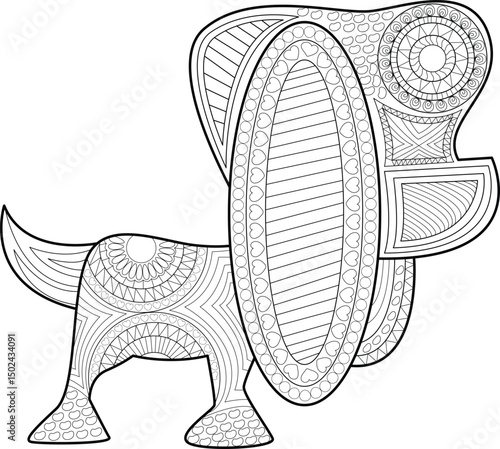 Intricate Zen Doodle Dog Coloring Page, A detailed black and white line art illustration of a stylized dog filled with intricate patterns, geometric shapes, mandalas, and floral elements. Perfect 