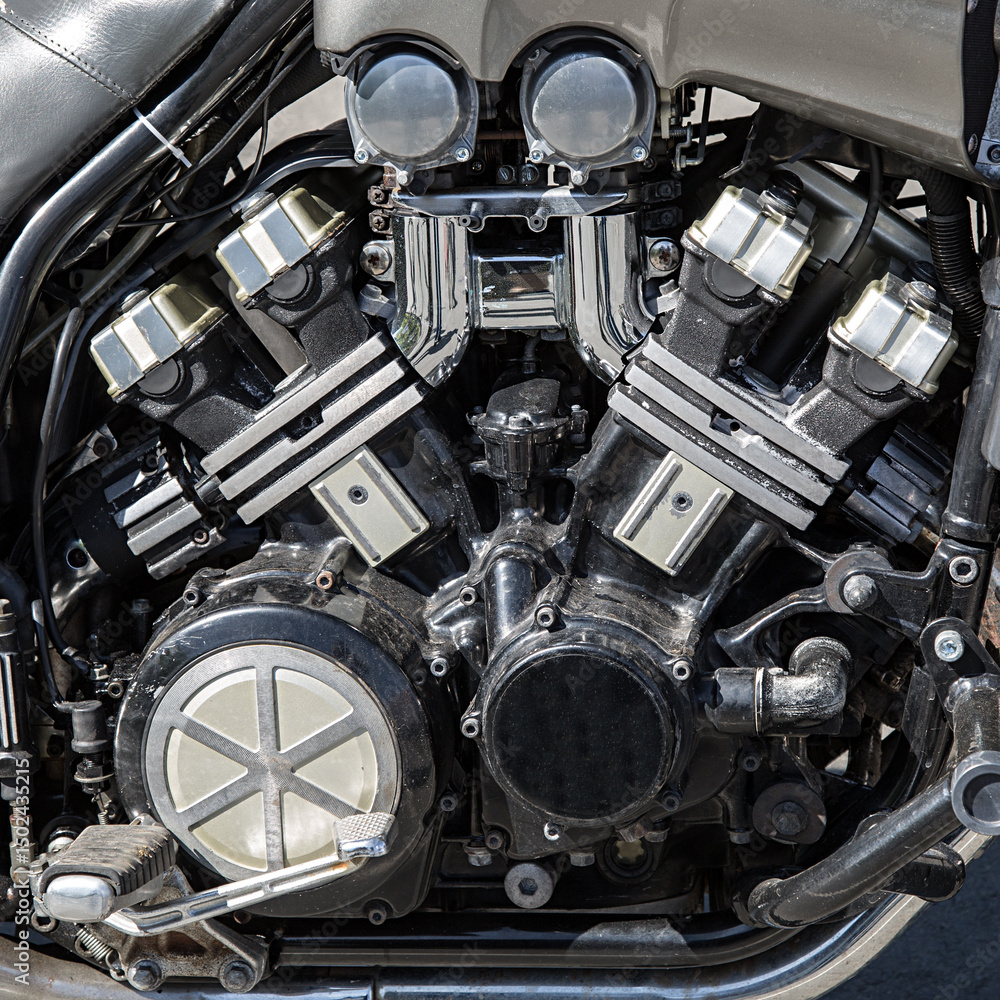 Fototapeta premium Fragment of a two-cylinder V-shaped motorcycle engine