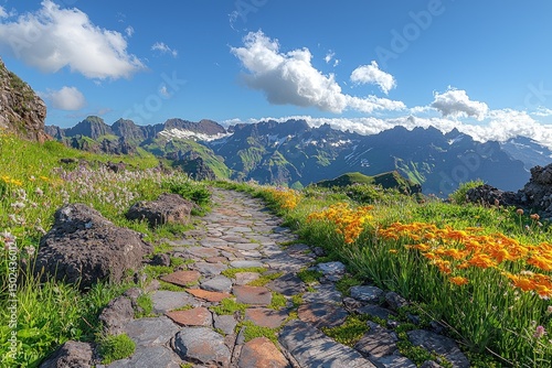 Mountaintop pathway winding through wildflowers.