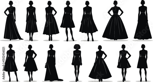 Silhouette collection of elegant women in various dresses and formal gowns for fashion design