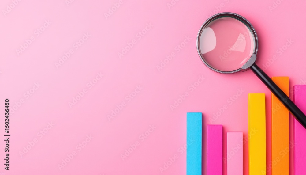 A magnifying glass examines colorful bar charts on a pink background, symbolizing analysis and data review. A magnifying glass examines colorful bar charts on a pink background, symbolizing analysis and data review.