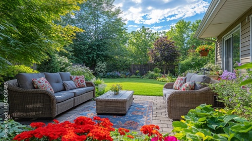 A tranquil afternoon retreat in a lush backyard garden featuring comfortable wicker furniture and vibrant flowers under