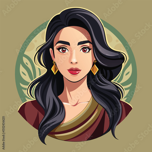 A vector illustration of a beautiful smiling woman's face with long, glamorous black hair, striking eyes, and perfect lips, embodying fashion and beauty