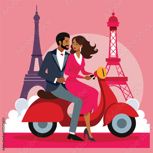 Romantic couple riding a vintage Vespa scooter in Paris, a fun illustration of love and travel