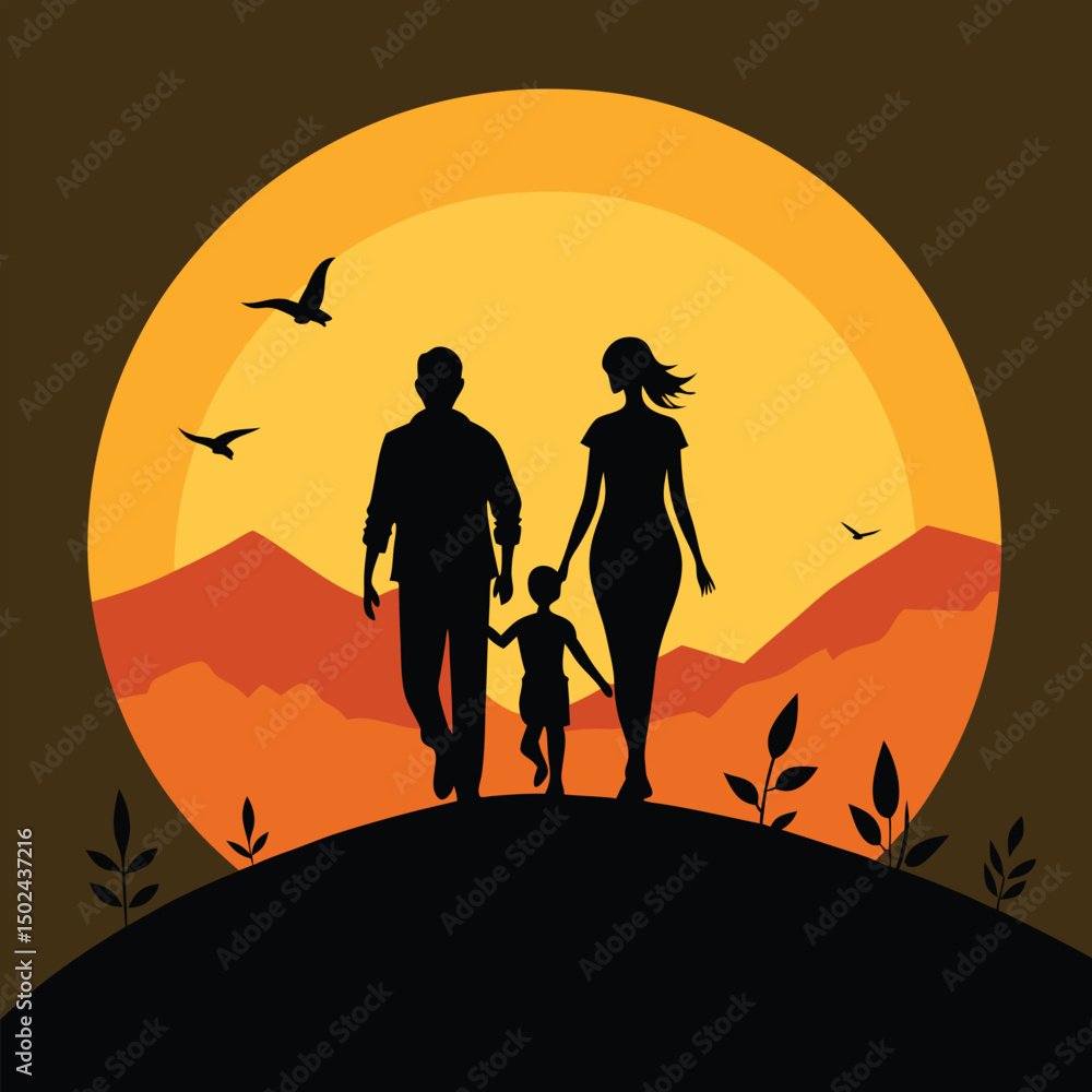 Naklejka premium black silhouette of a happy family walking hand sunset