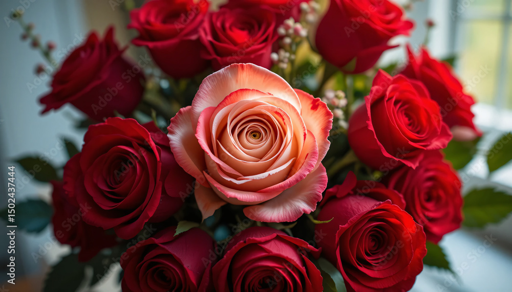 Obraz premium Peach Rose Among Red Roses Unique Romantic Bouquet, Symbol of Admiration, Love, Elegance, Harmony, and Floral Sophistication