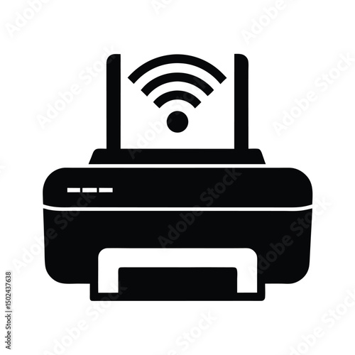 Black and white vector illustration of a wireless printer with wi-fi connectivity symbol