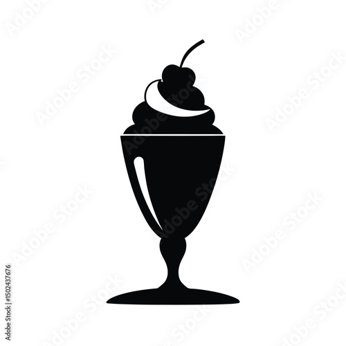 Classic black and white silhouette of a delicious sundae with whipped cream and cherry