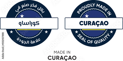 Made in Curaçao. Premium labels English and Arabic, stickers, pointer, badge and symbol of Curaçao flag icon. Collection vector illustration