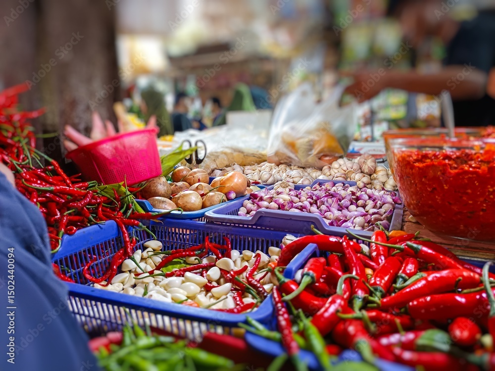 Fototapeta premium Colorful chili peppers and spices at a traditional market—ideal for culinary, food industry, or spicy cuisine themes. Vibrant and flavorful ingredients from Southeast Asia