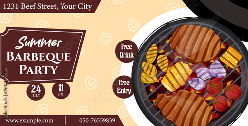 Summer Barbeque Party Horizontal Template with Meat & Veggies Sizzling on Grill Flat Lay Graphic. Fully Editable Vector Illustration