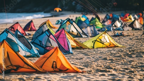 Colorful kites on sandy beach