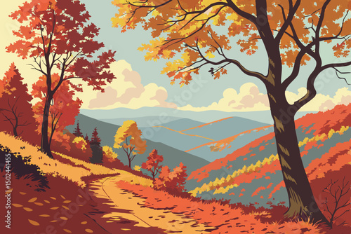 Autumnal Vista Pathway Through the Woods with Hills Background