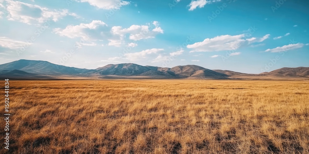 Fototapeta premium Vast, golden plains stretching to distant mountains under a vibrant sky