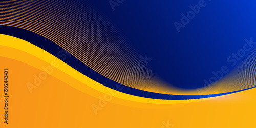Abstract blue and yellow wave wide background banner curve element with line blue pettern space for text and message design, overlapping layers.