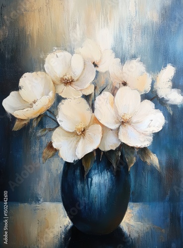 Still life painting of a bouquet of creamy white flowers in a deep blue vase.  Soft lighting and muted colors