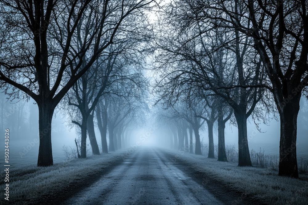 Obraz premium Foggy, serene pathway lined with bare trees