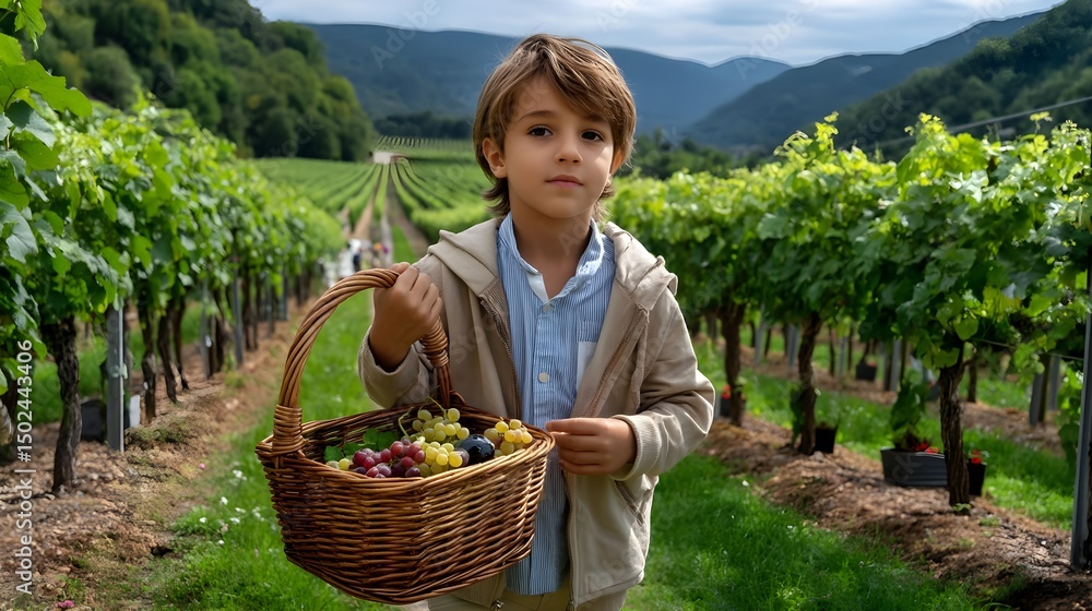 Fototapeta premium Child Harvesting Grapes in Vineyard. Young Boy with Basket of Fresh Grapes. Sustainable Agriculture.