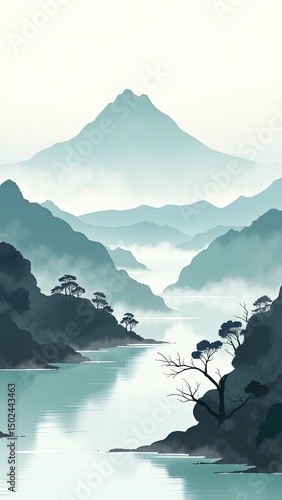 Serene Mountain Landscape with Misty River and Verdant Hills