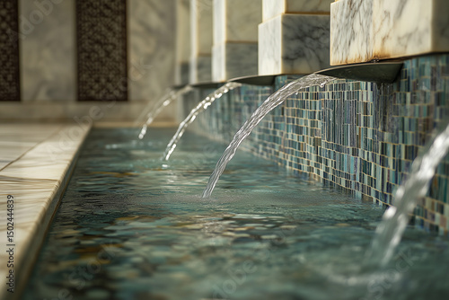 Historic stone water fountain inside the ancient Alhambra palace building featuring traditional architecture and arches 