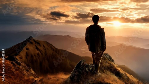 Silhouette of a person standing on a rocky peak overlooking a mountainous landscape at sunset, illuminated by golden light and a dramatic cloudy sky