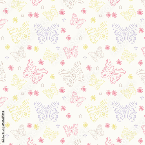 Seamless butterfly vector repeat pattern. Drawn butterfly background. Colorful spring wallpaper.For print.