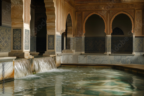 Historic stone water fountain inside the ancient Alhambra palace building featuring traditional architecture and arches 