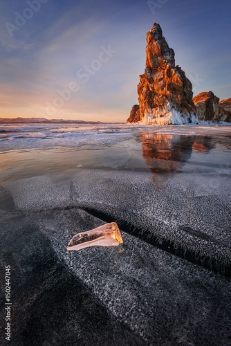 Clear evening ice of Lake Baikal