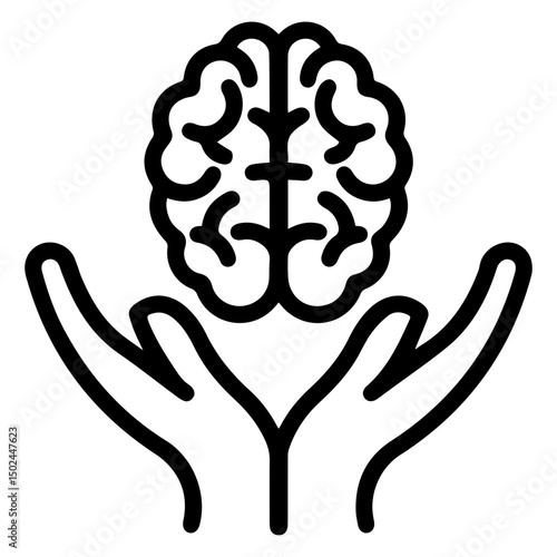 Brain rests in cupped hands (outline style). Represents therapy, mental health care, act of providing support and nurturing for the mind's well-being. Emphasizes attention to psychological wellness